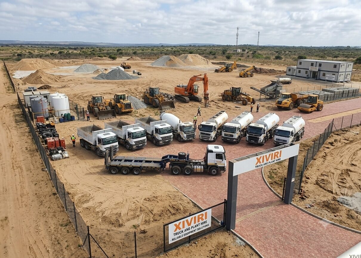 Yard with trucks and sand piles