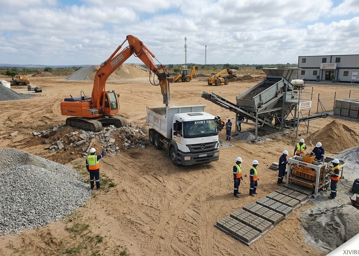 Excavator loading crushed material